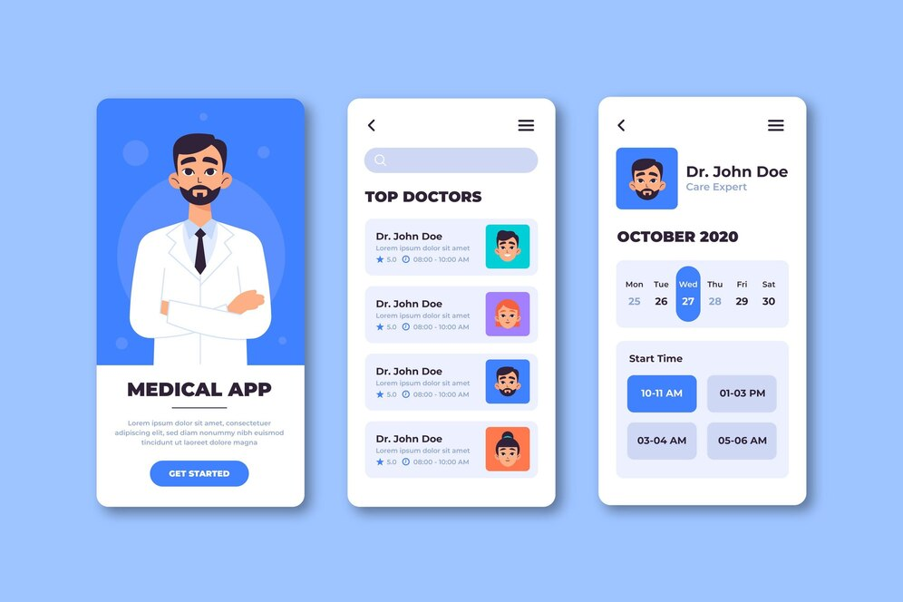 Medical app screens show doctor search, top-rated providers, and appointment scheduling, illustrating healthcare innovation.