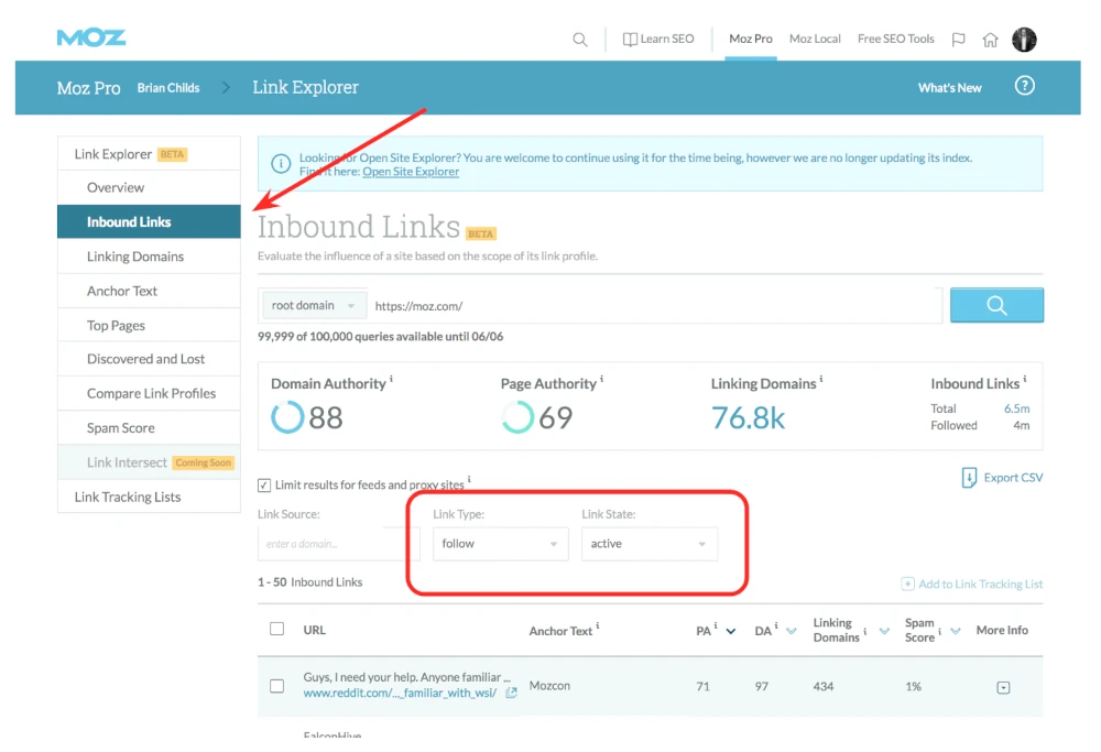 Track your backlinks Using Moz
